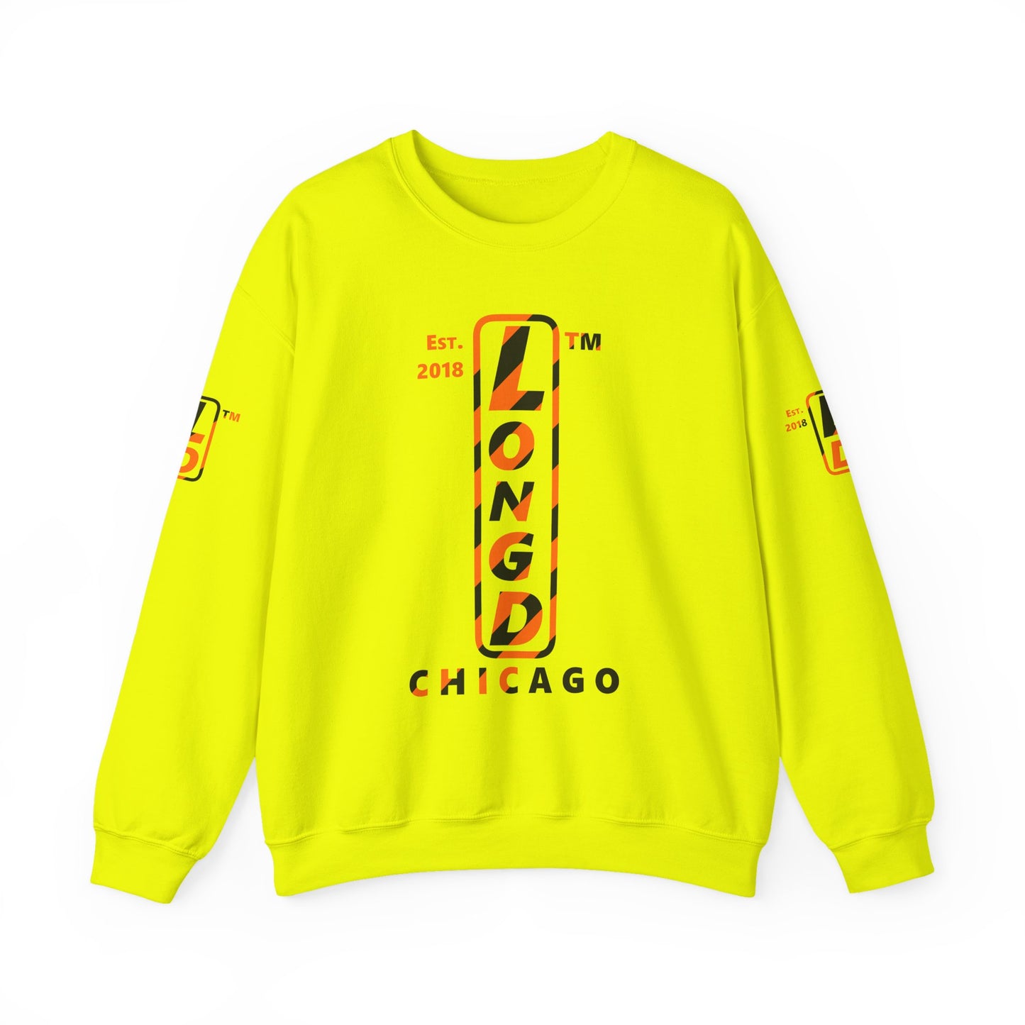 LongD Chicago positive upright pixel-weighted 12-striped 4-print logo (Halloween colors) crewneck sweatshirt