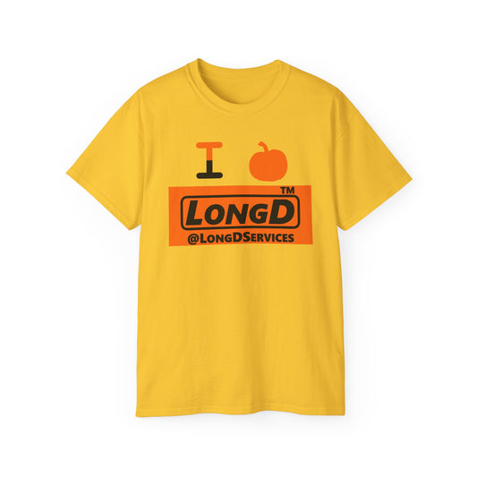 I pumpkin LongD Tag logo positive black on negative orange cotton tee