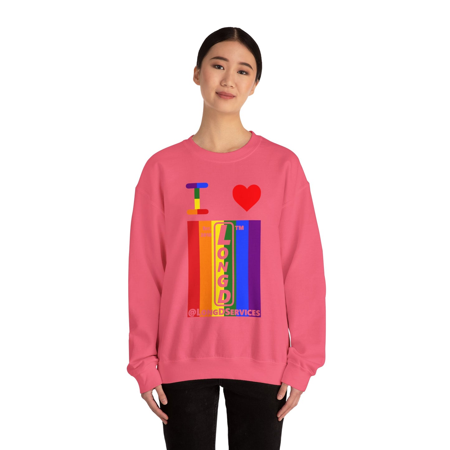 I Luv LongD negative vertical 6-striped tag upright logo crewneck sweatshirt
