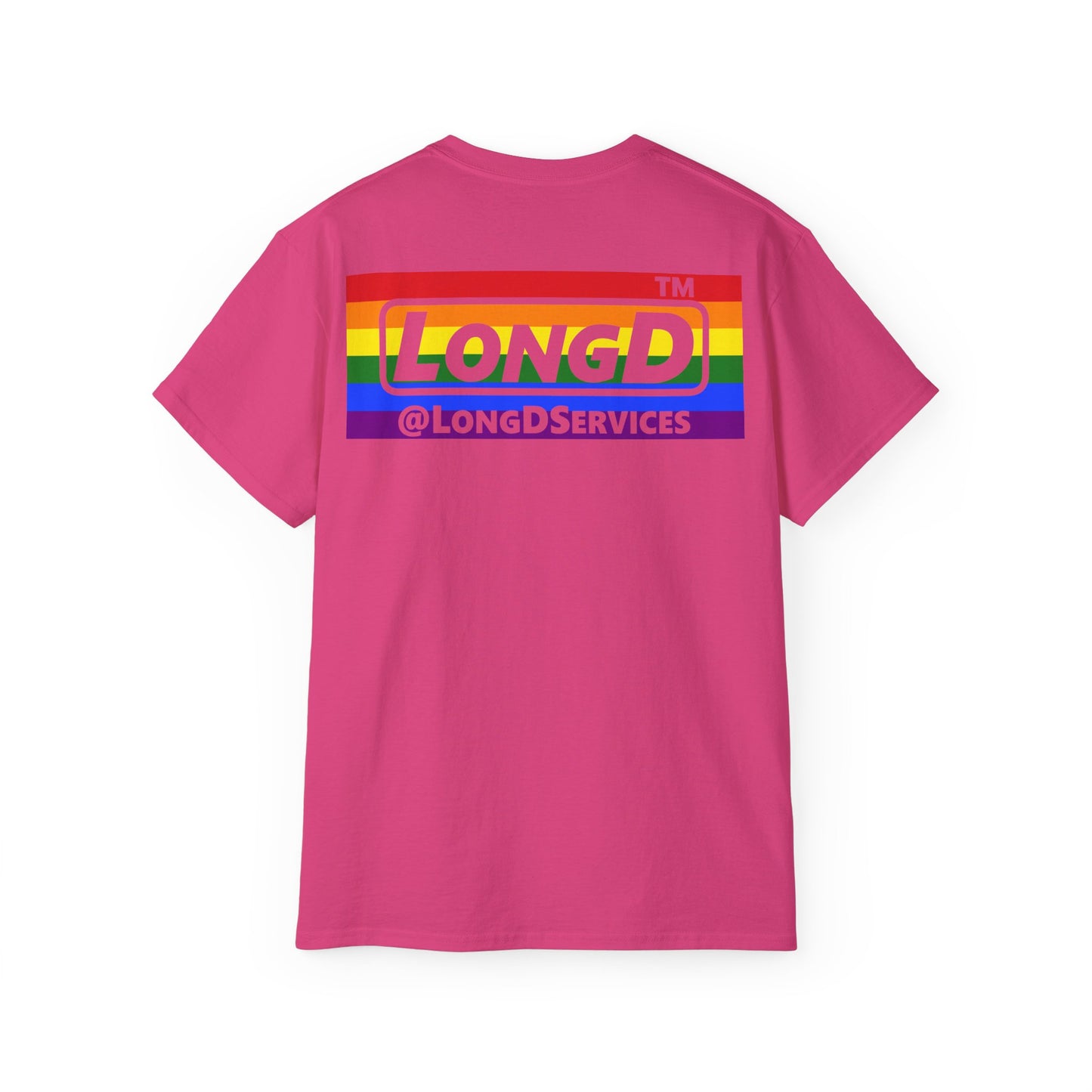 I Luv LongD negative horizontal striped front-back Chicago logo cotton tee (Pride colors)