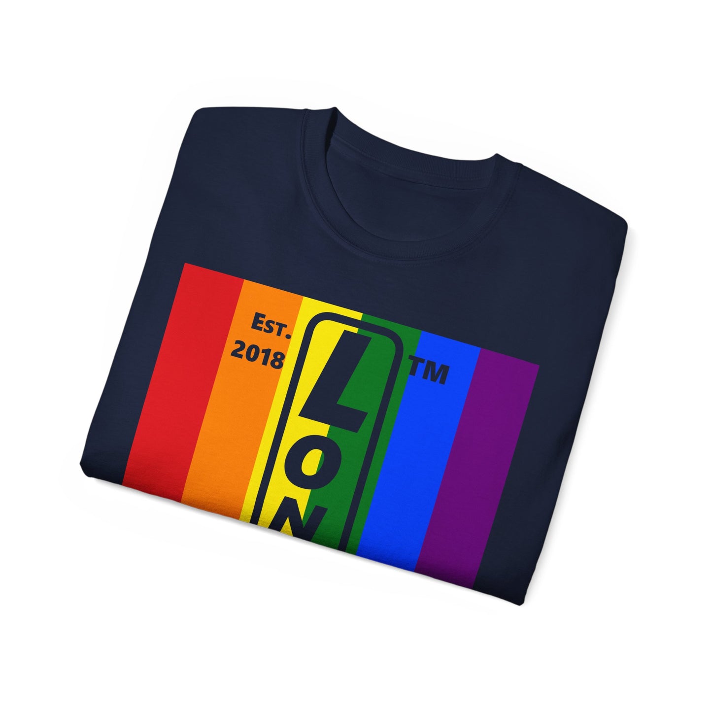 LongD Cotton Tee negative vertical striped Chicago upright logo (Pride colors)