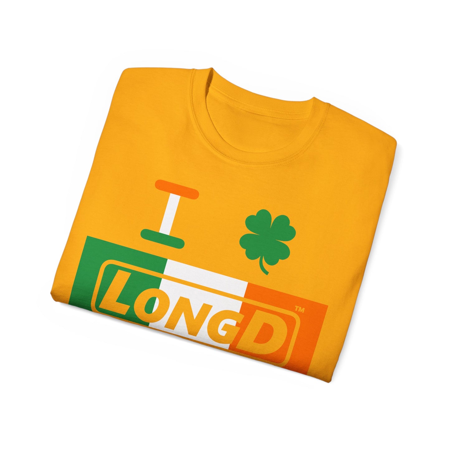 I Clover LongD® Logo Cotton Tee (St. Patrick's Day -Irish Green, White and Irish Orange negative thirds with 4-leaf clover)