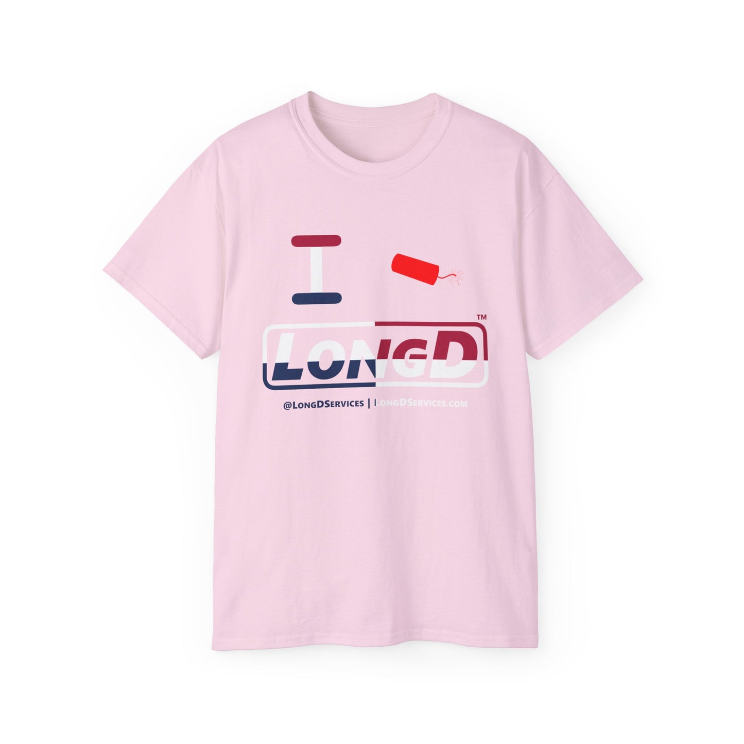 I Firecracker LongD® Logo Cotton Tee Red, White and Blue positive quarters text