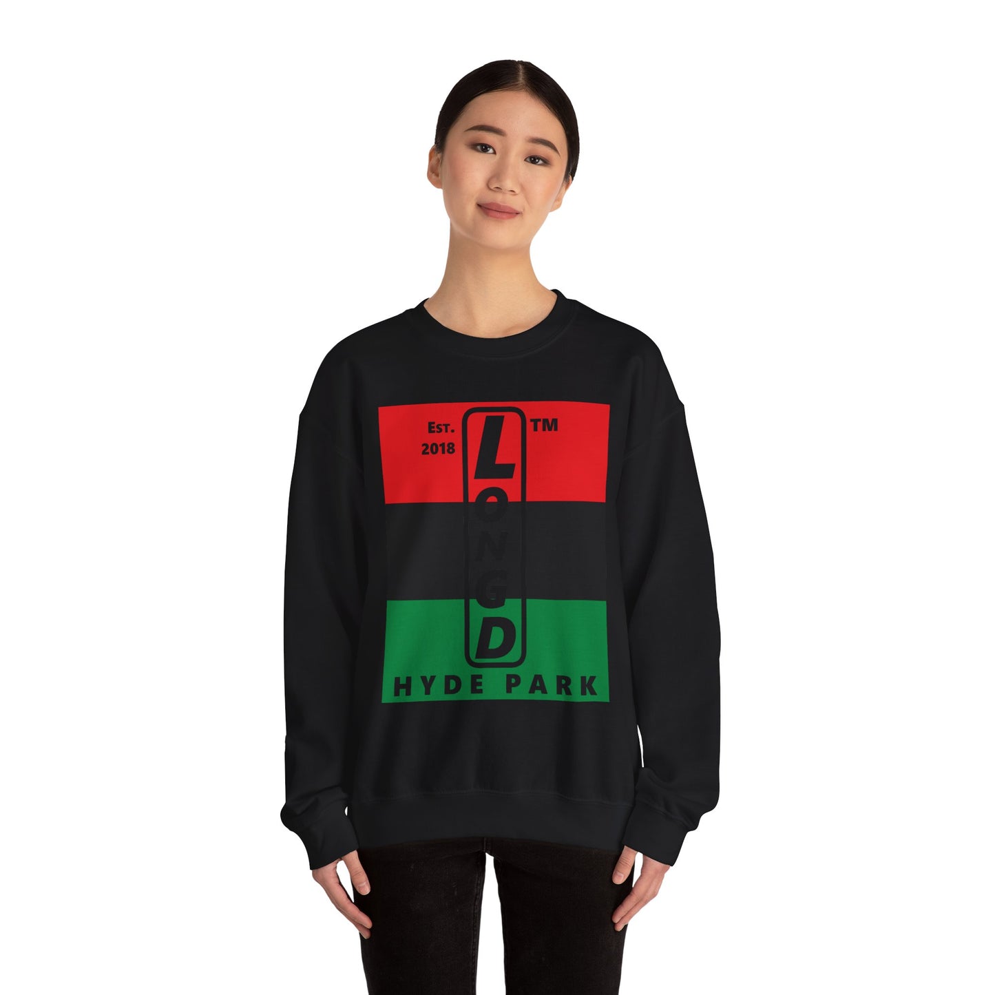 LongD negative horizontal 3-striped Hyde Park upright logo crewneck sweatshirt (Juneteenth colors)