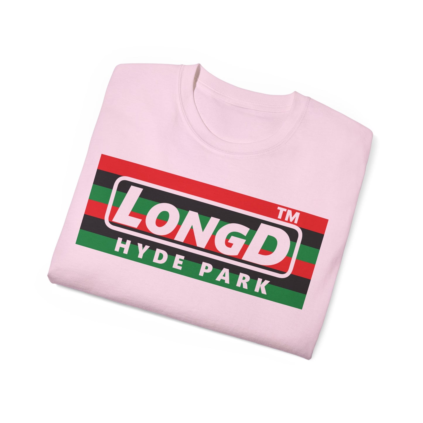 LongD negative horizontal 6-striped Hyde Park logo cotton tee (Juneteenth colors)