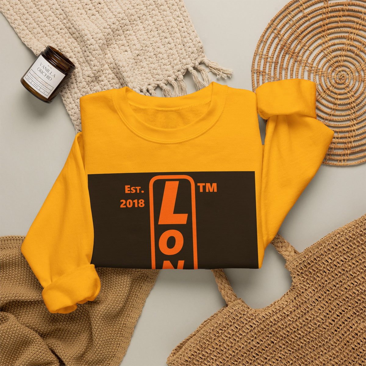 LongD Hyde Park upright logo orange (FE7518) on Black (000000) (Halloween colors) crewneck sweatshirt