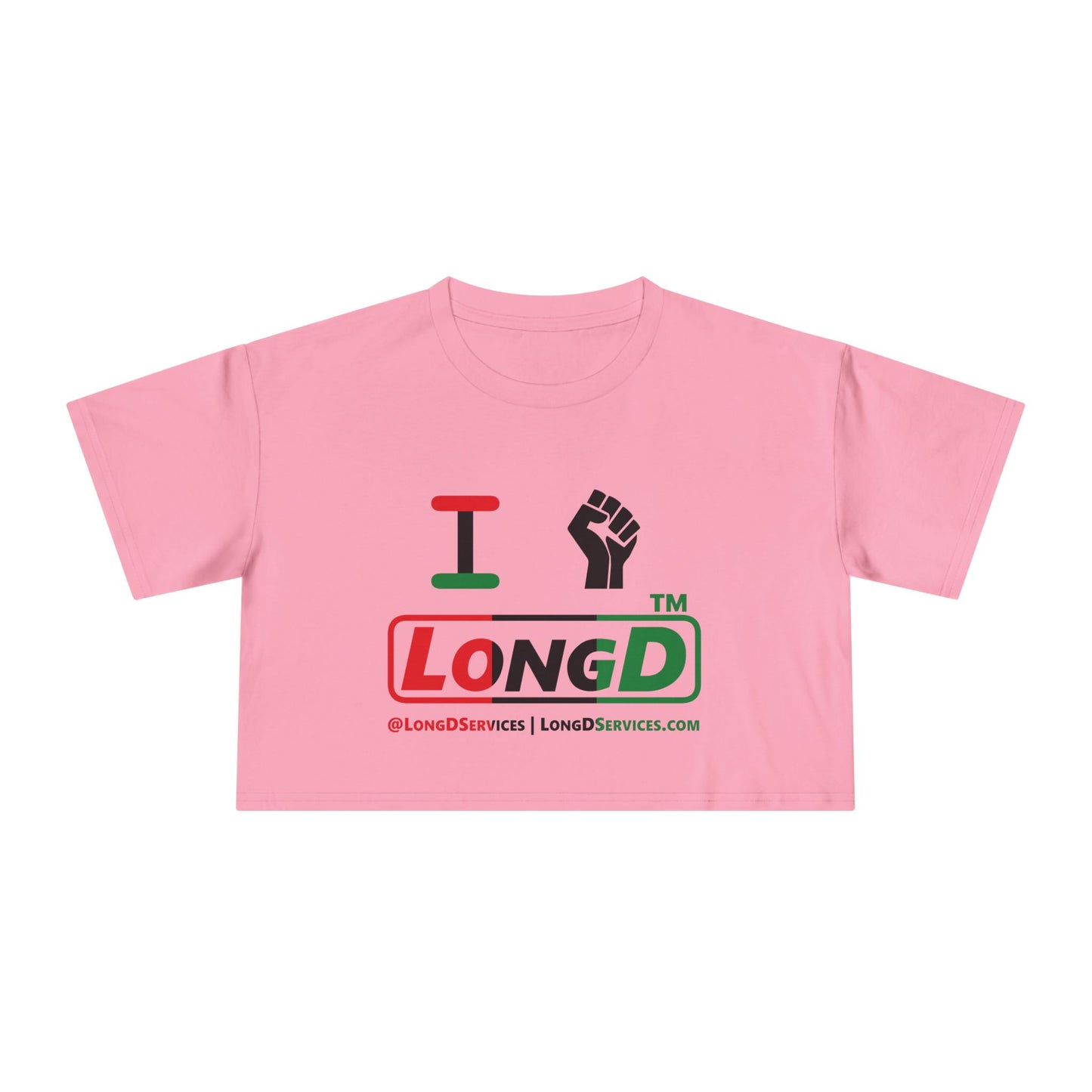 I fist LongD positive vertical 3-striped tag-domain logo crop tee