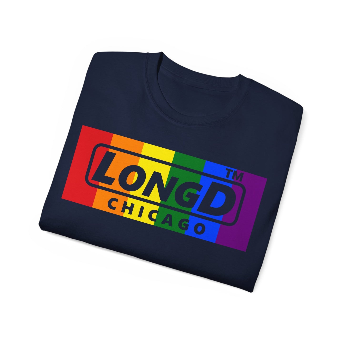 LongD negative vertical striped 4-print Chicago logo cotton tee (Pride colors)