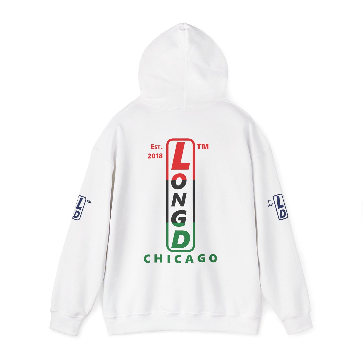 LongD® positive horizontal 3-striped Chicago 4-print upright logo hoodie (Juneteenth colors)