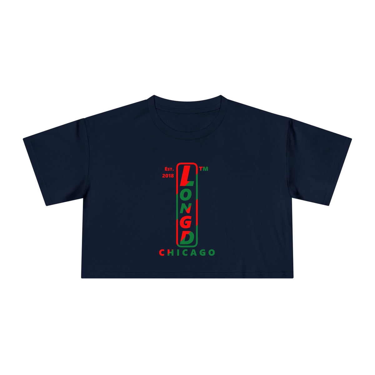 LongD Chicago positive upright pixel-weighted 4-striped logo (Xmas colors) crop tee