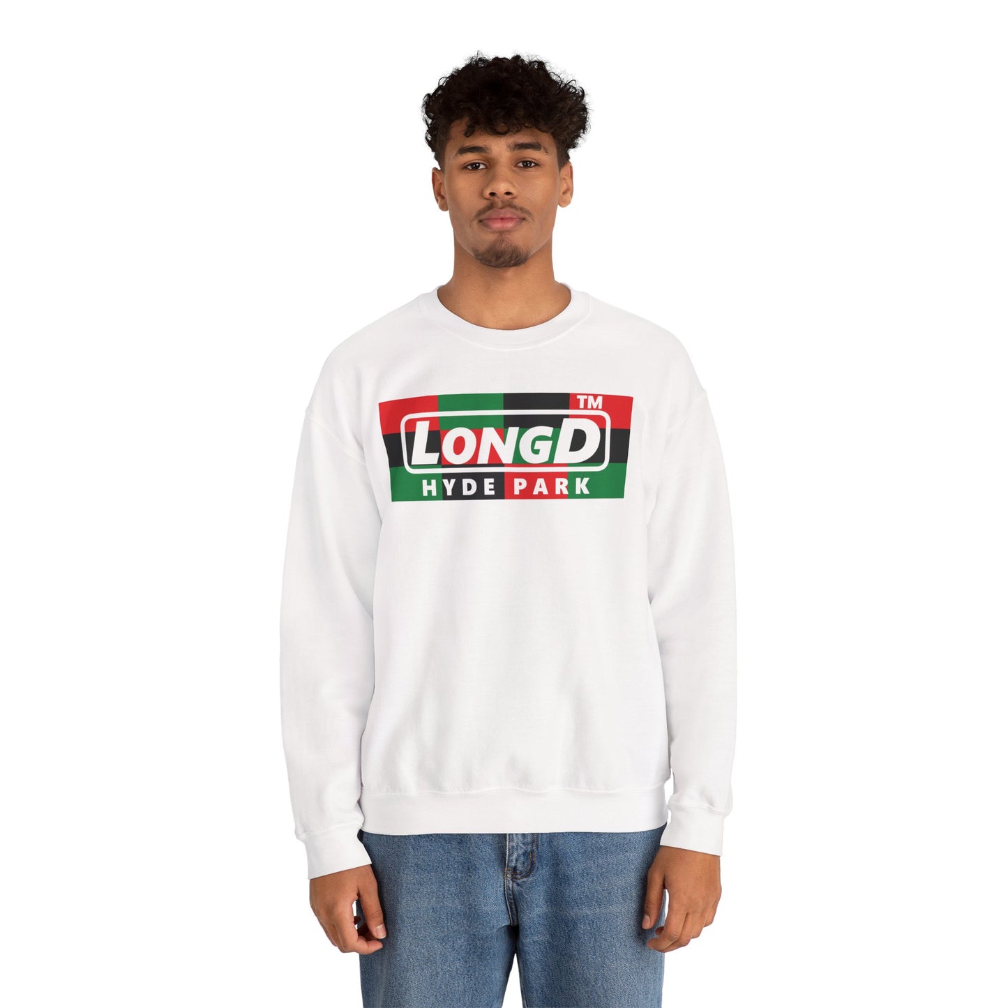 LongD negative 3x4 Hyde Park logo crewneck sweatshirt (Juneteenth colors)