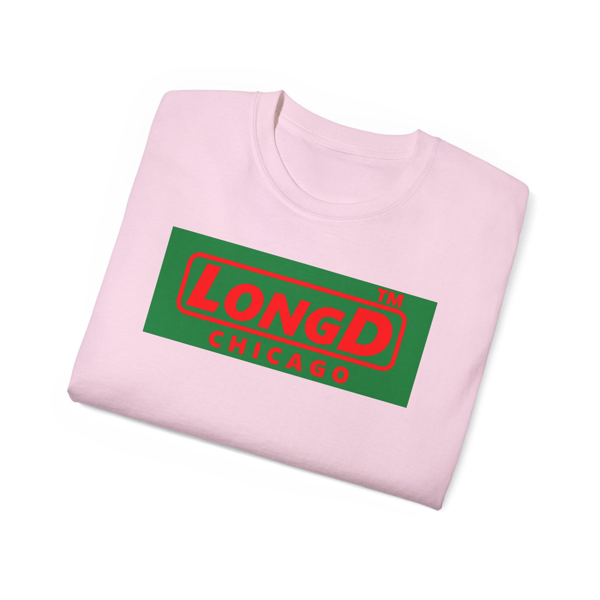 LongD Chicago logo positive red on negative green (Xmas colors) cotton tee