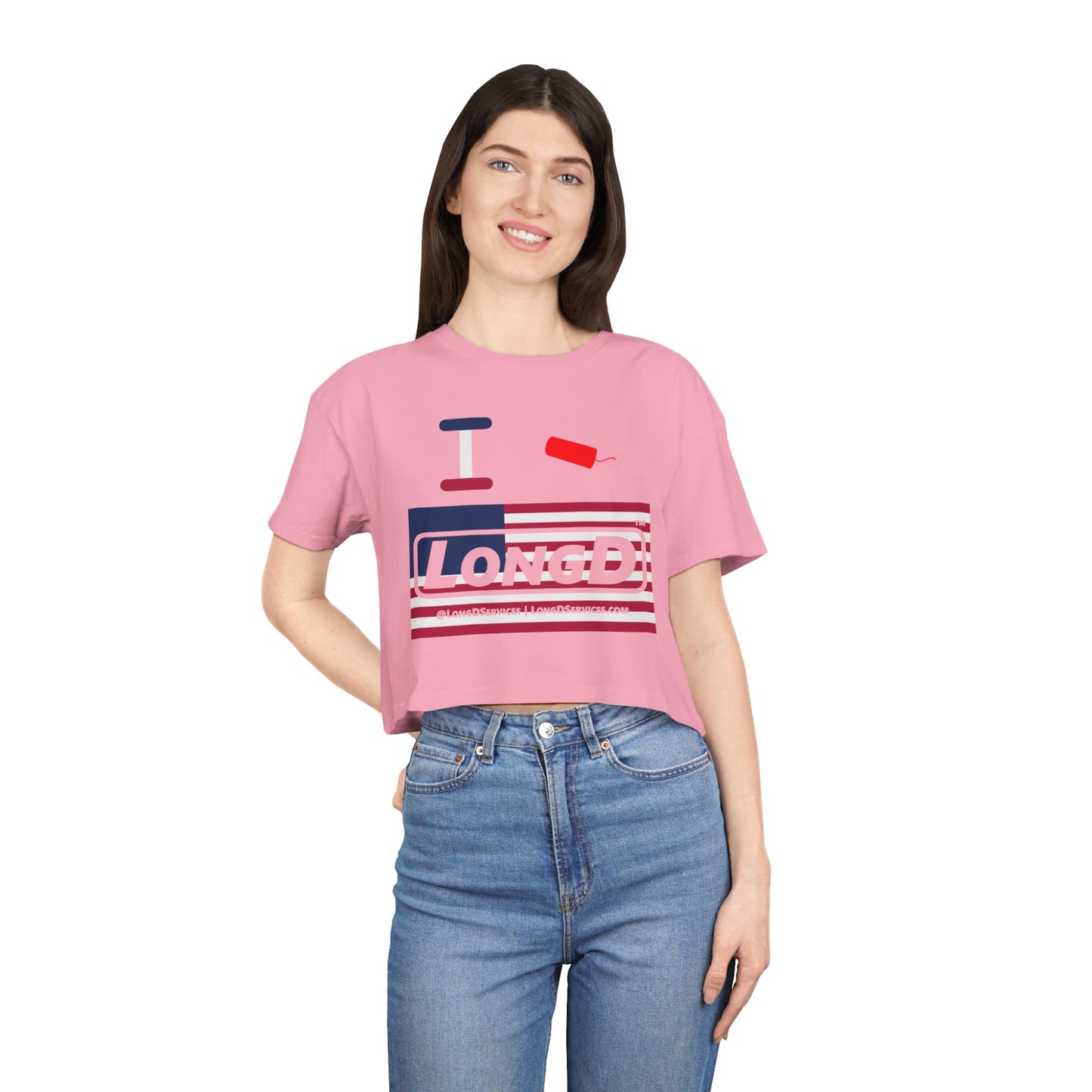 I Firecracker LongD Logo Women's Crop Tee Red, White & Blue negative flag