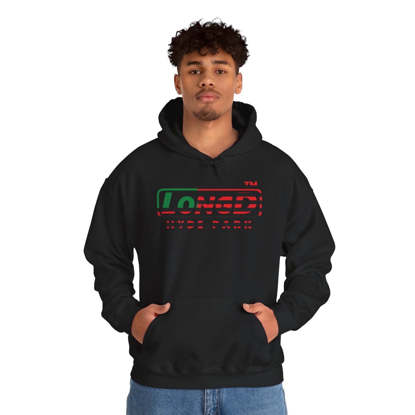 LongD® positive flag front-back Hyde Park logo Hoodie (Juneteenth colors)