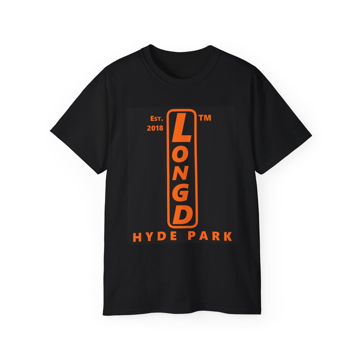 LongD Hyde Park upright front-back logo orange (FE7518) on Black (000000) cotton tee