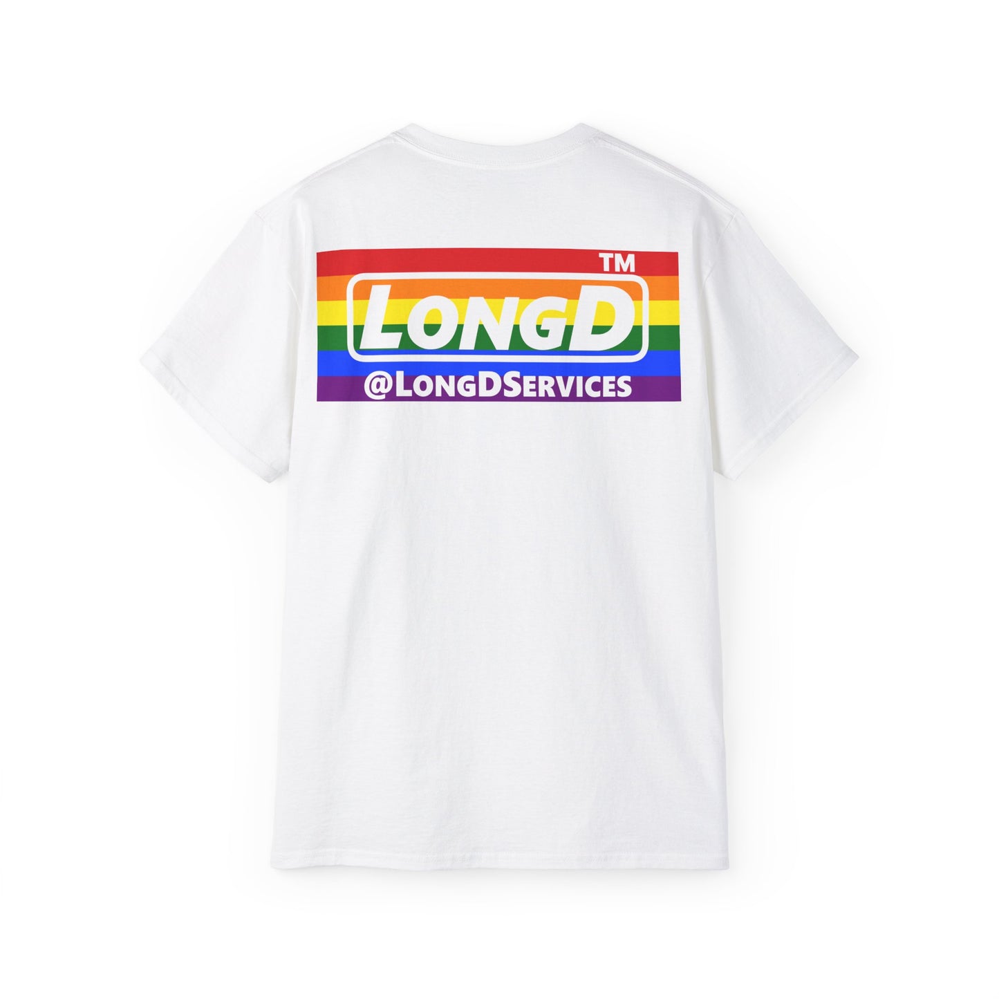 I Luv LongD negative horizontal striped front-back Hyde Park logo cotton tee (Pride colors)