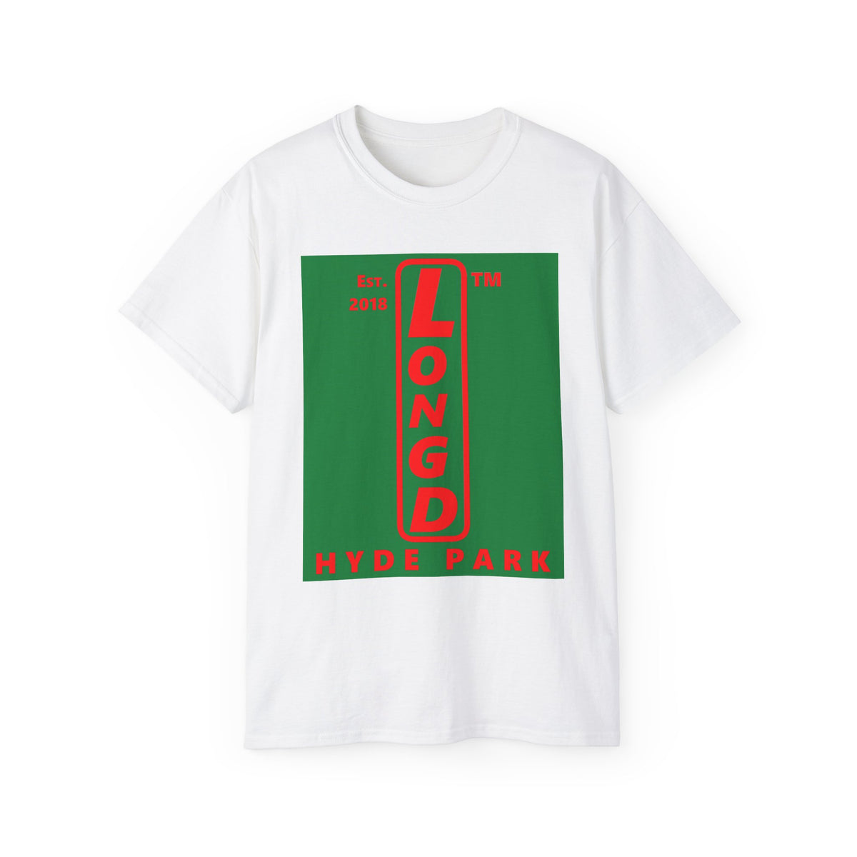 LongD Hyde Park upright logo positive red on negative green (Xmas colors) cotton tee
