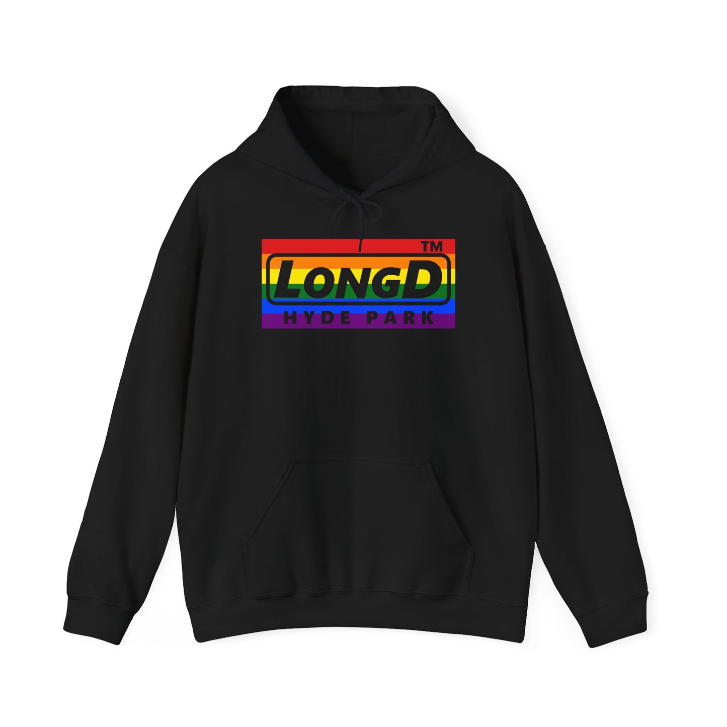 LongD® negative horizontal striped Hyde Park logo hoodie (Pride colors)