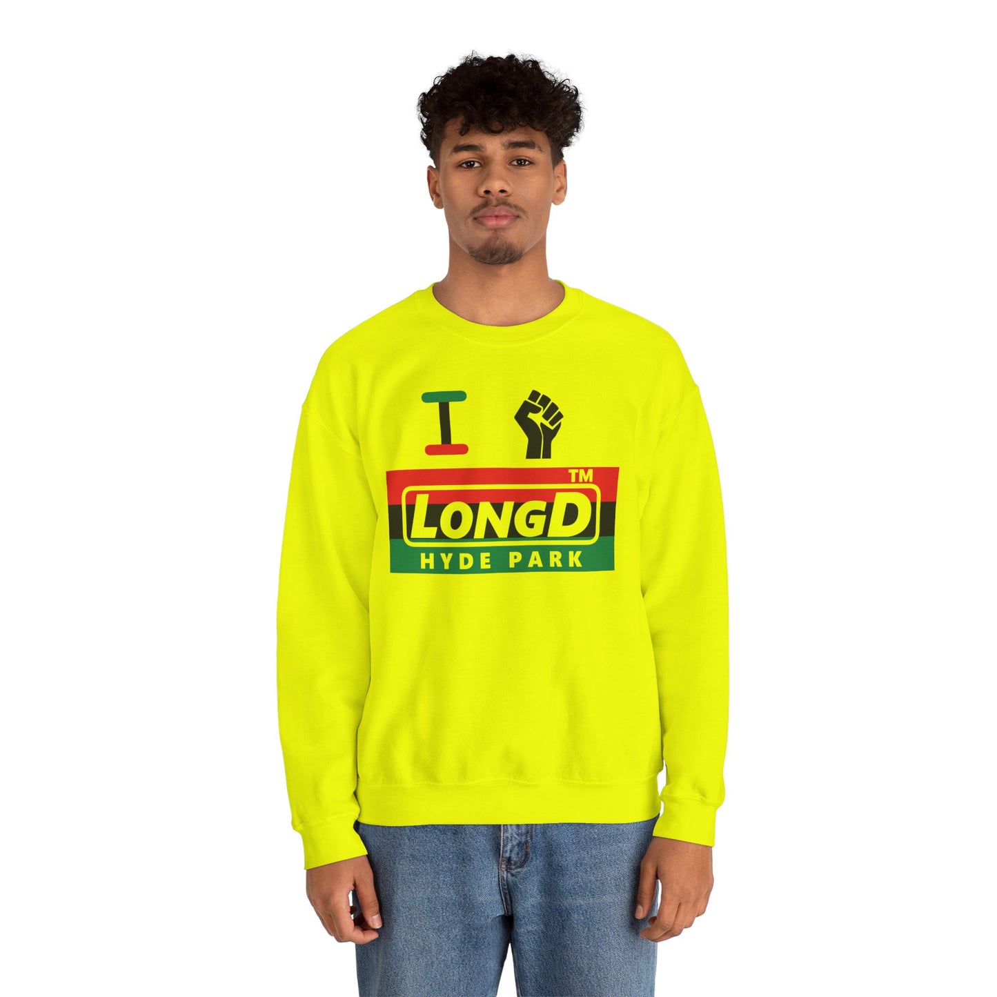 I fist LongD negative horizontal 3-striped Hyde Park logo crewneck sweatshirt
