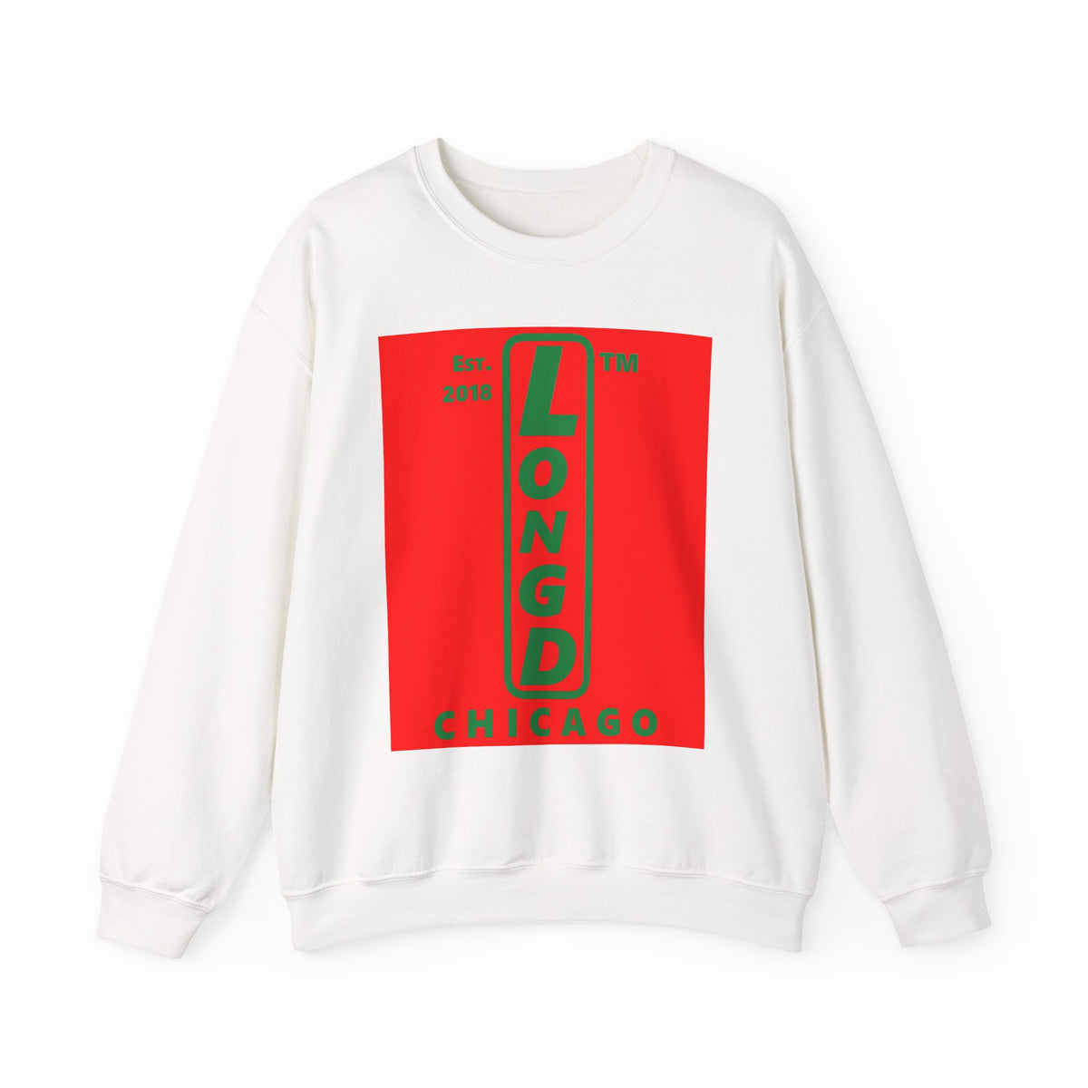 LongD Chicago upright logo positive green on negative red (Xmas colors) crewneck sweatshirt