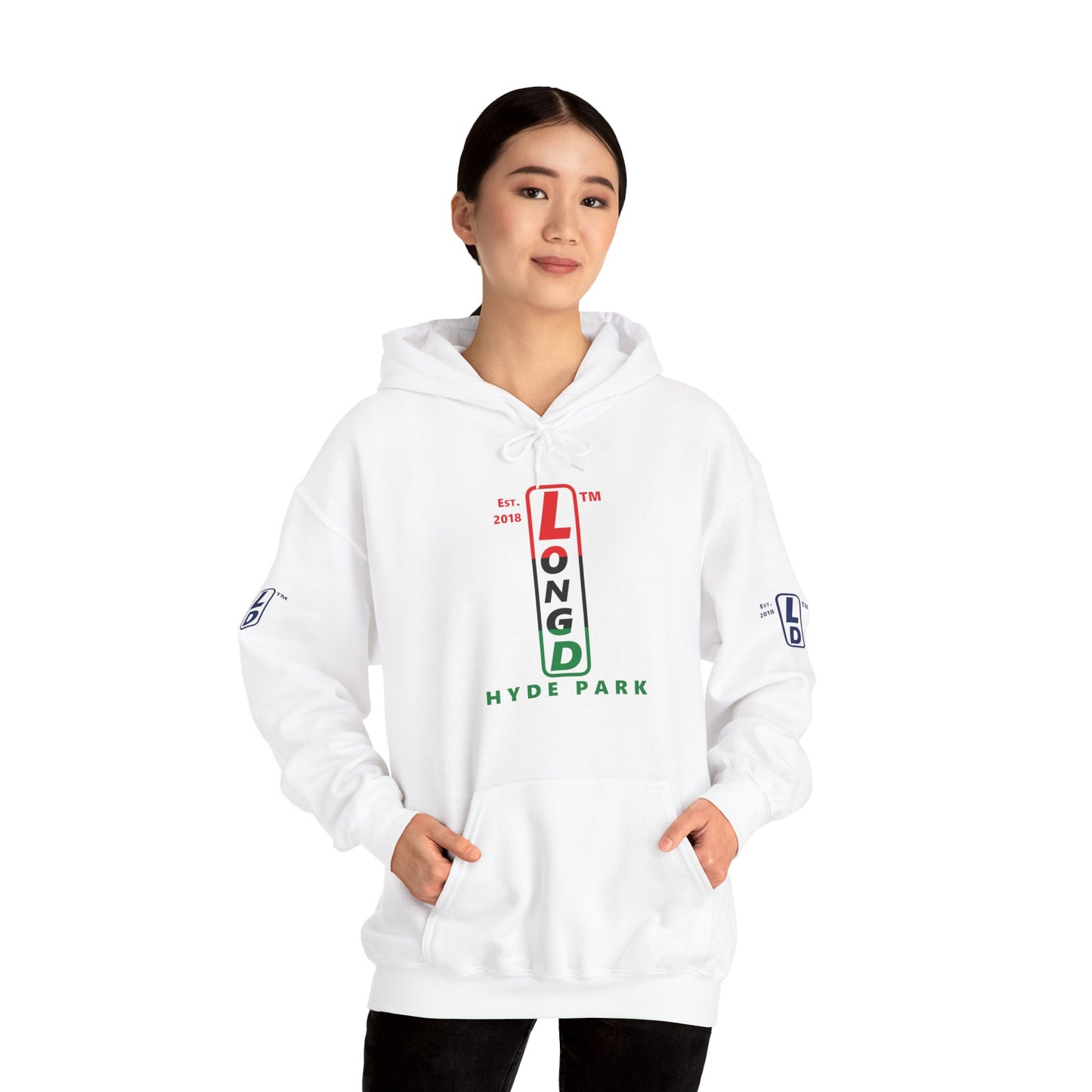 LongD® positive horizontal 3-striped Hyde Park 4-print upright logo hoodie (Juneteenth colors)