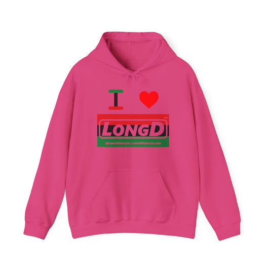 I Luv LongD® Logo Hoodie with Juneteenth striped negative text