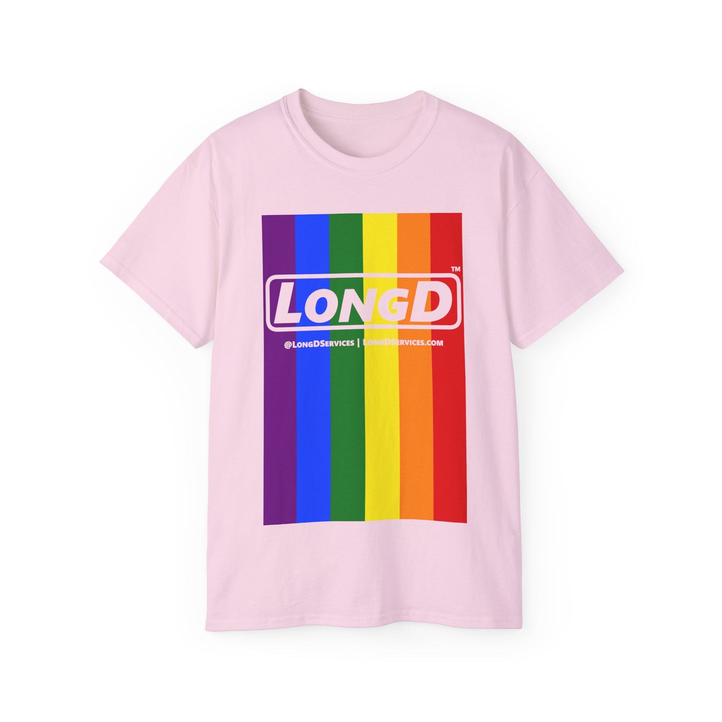 LongD® Logo Cotton Tee Pride rainbow vertical flag negative text
