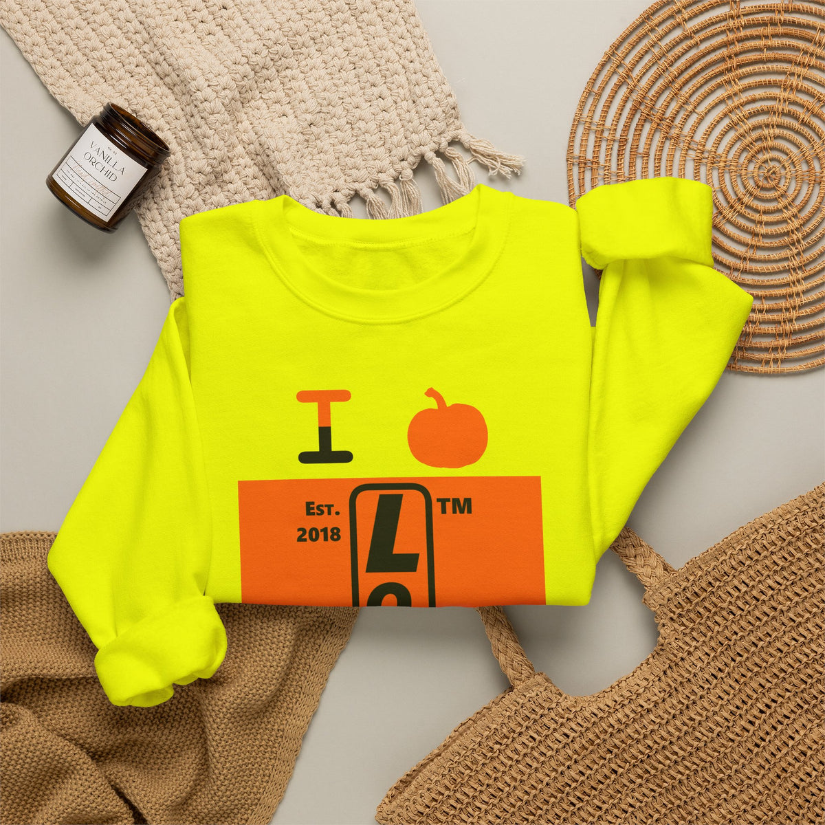 I pumpkin LongD Tag upright logo positive black on negative orange crewneck sweatshirt