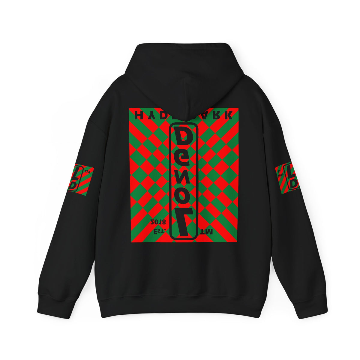 LongD Hyde Park negative upright stylized argyle 4-print logo (Xmas colors) hoodie