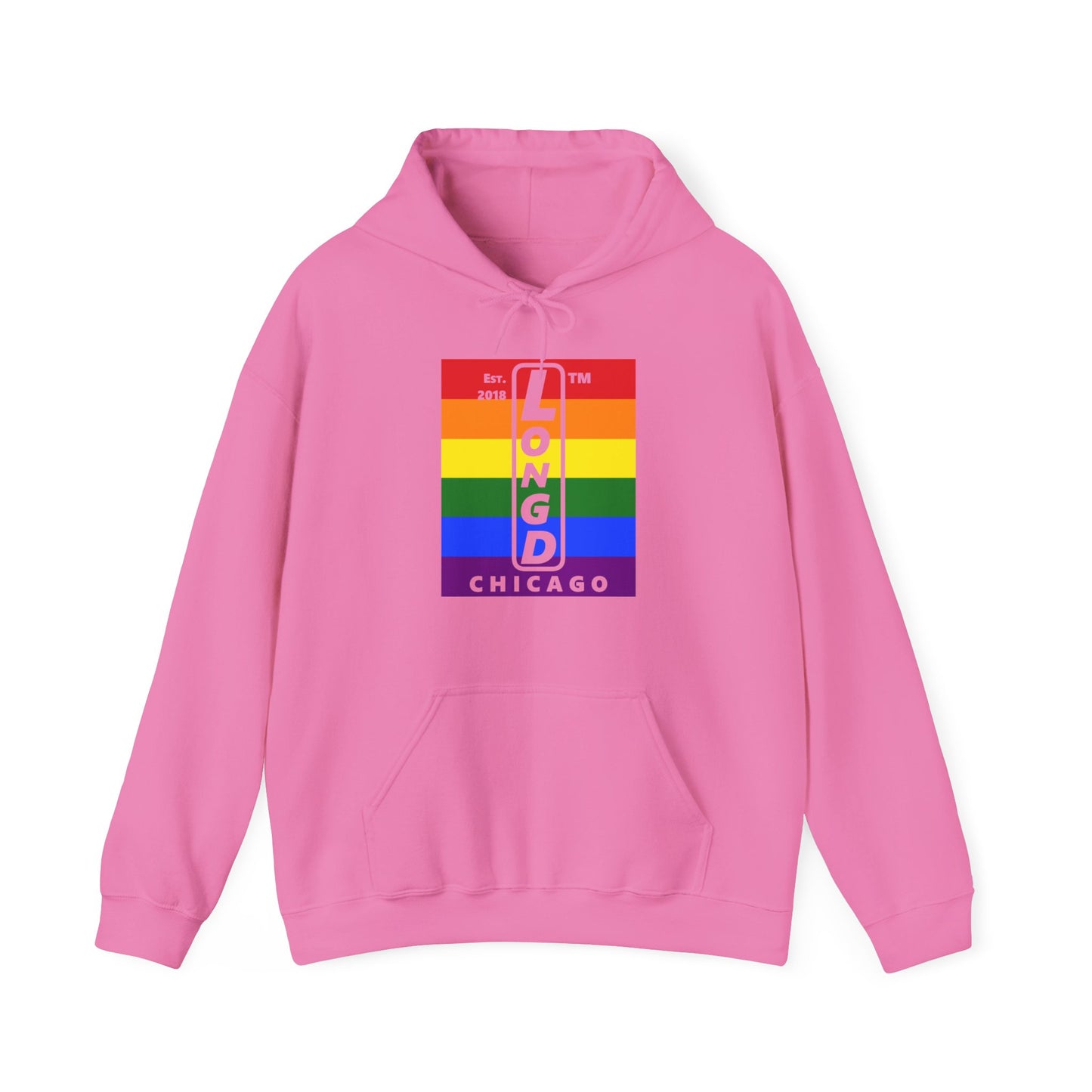 LongD® negative horizontal 6-striped upright Chicago logo hoodie (Pride colors)