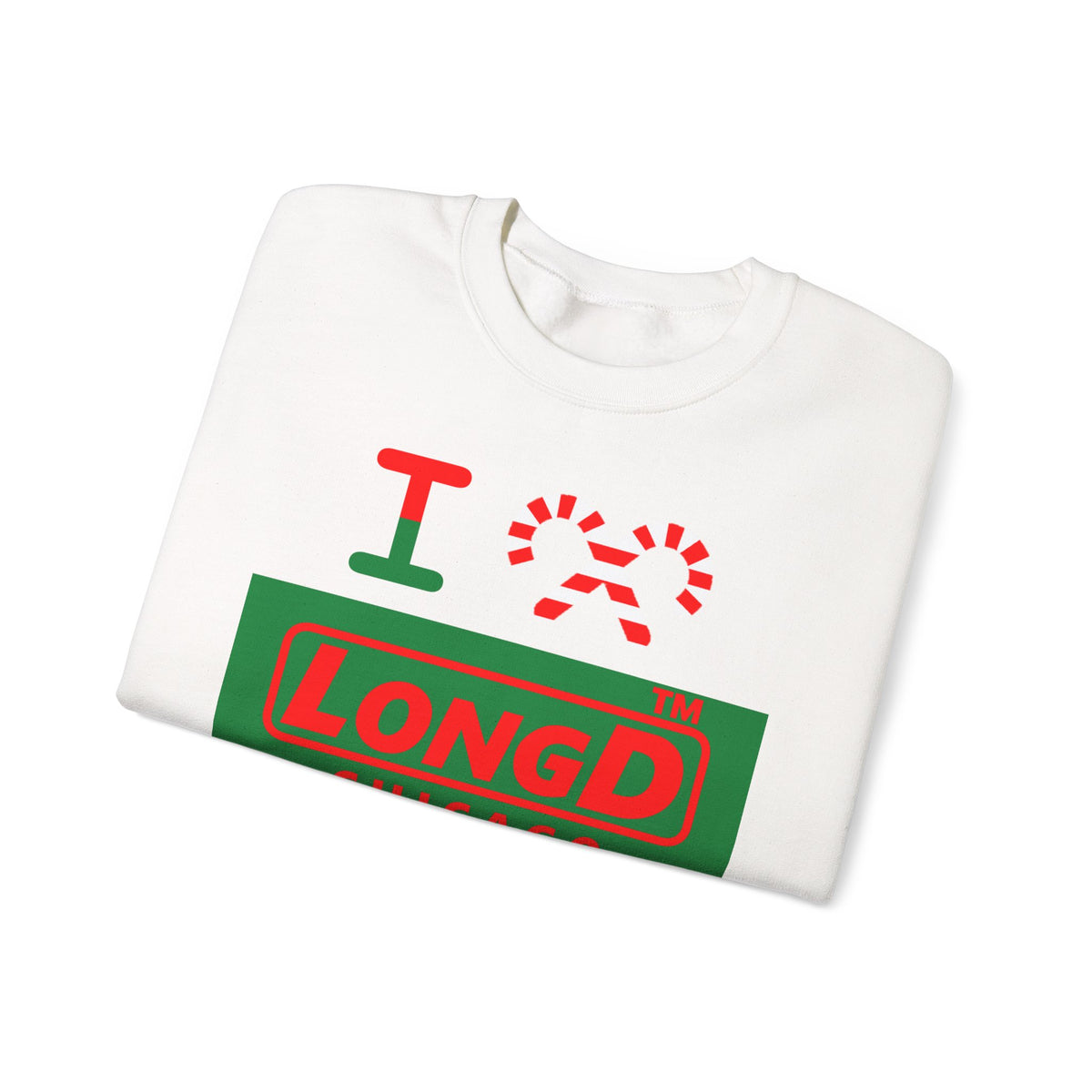 I candy cane LongD Chicago logo positive red on negative green crewneck sweatshirt