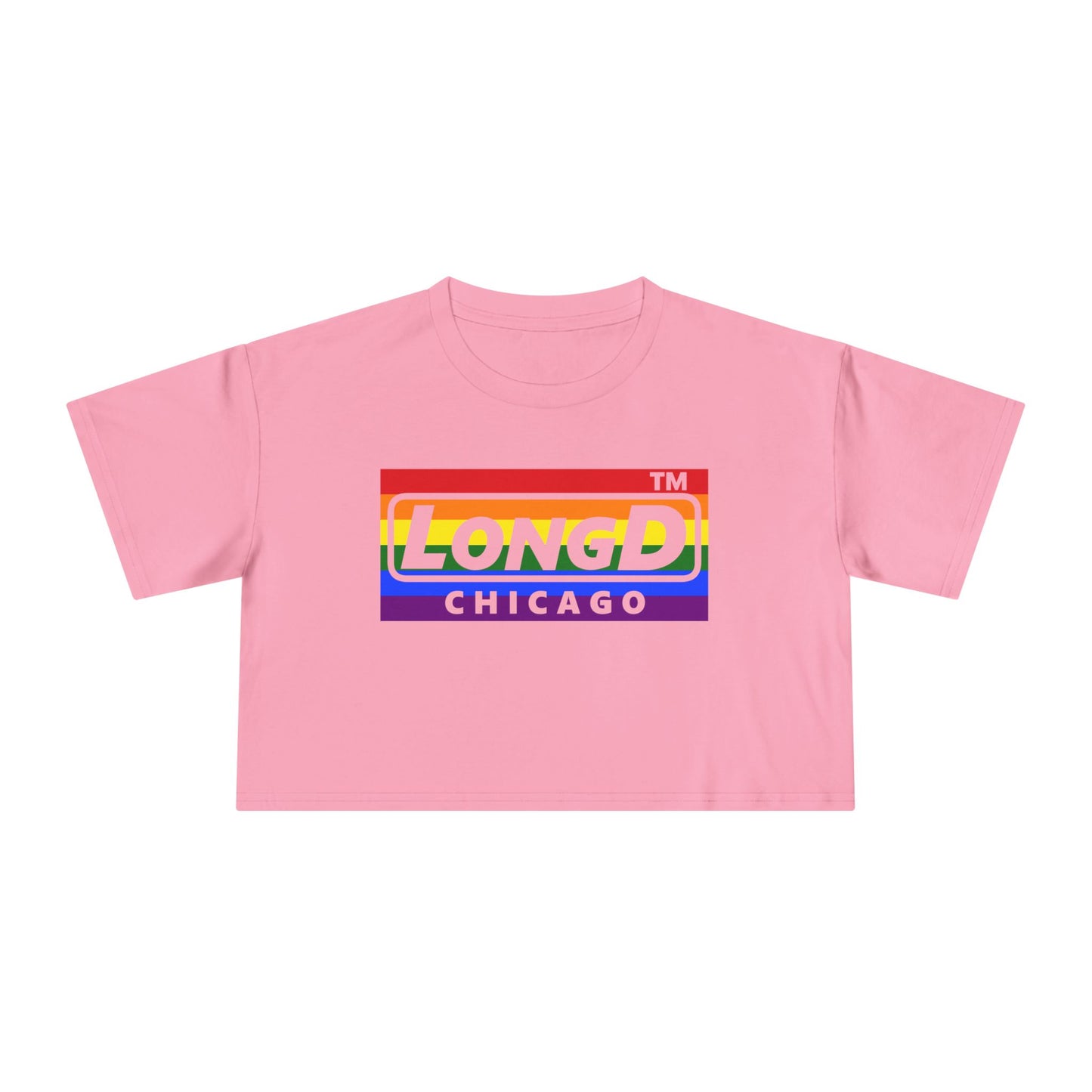 LongD negative horizontal 6-striped Chicago logo crop tee (Pride colors)