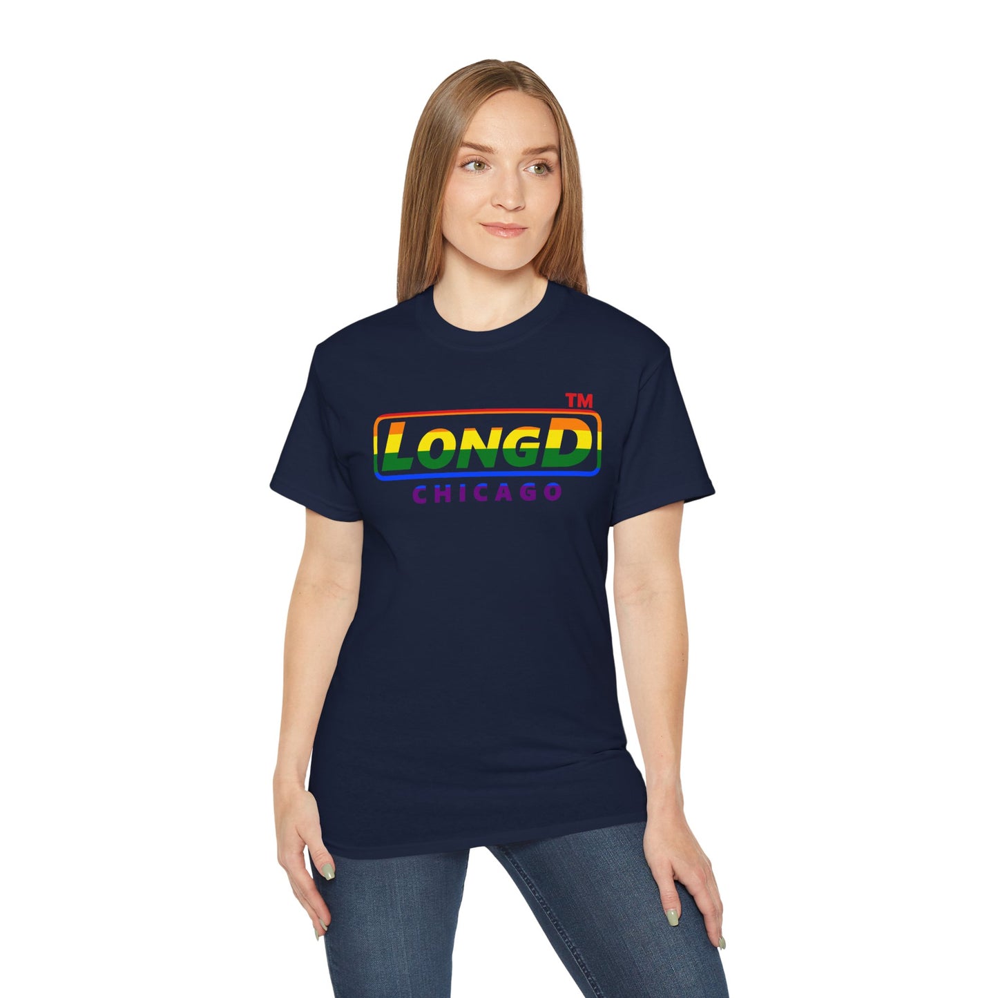 LongD positive vertical striped front-back Chicago logo cotton tee (Pride colors)