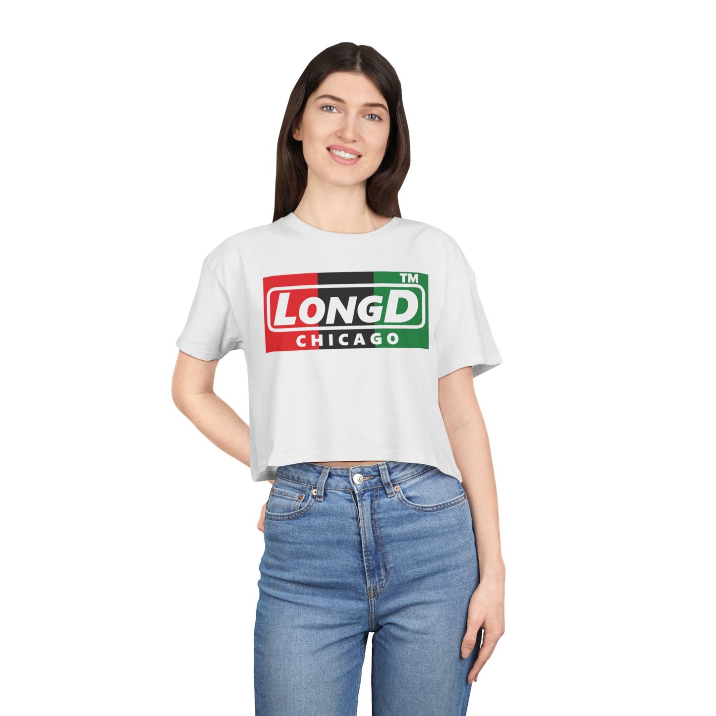 LongD negative vertical 3-striped Chicago logo crop tee (Juneteenth colors)