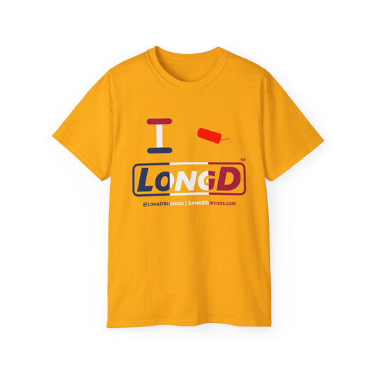 I Firecracker LongD® Logo Cotton Tee Blue, White and Red positive thirds text