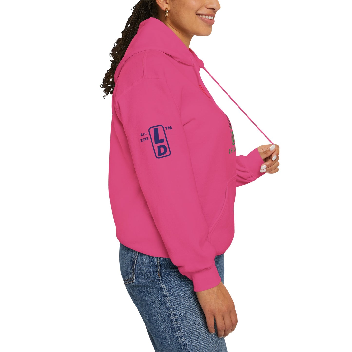 LongD® positive horizontal 3-striped Chicago 4-print upright logo hoodie (Juneteenth colors)