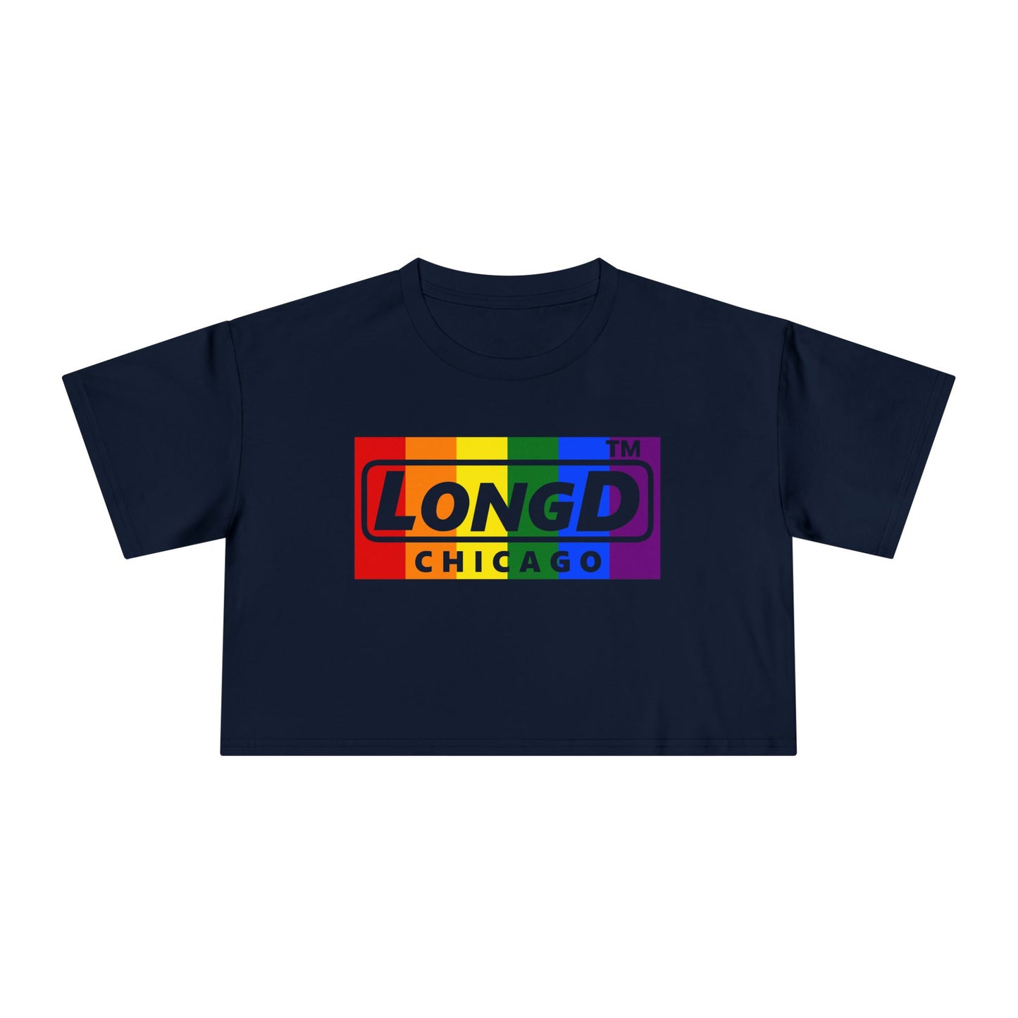 LongD negative vertical 6-striped Chicago logo crop tee (Pride colors)