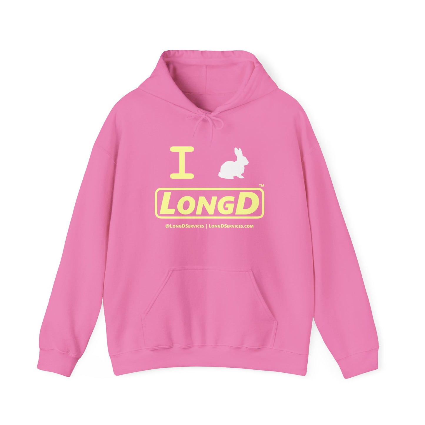 I Bunny LongD® Logo Hoodie Pastel yellow text (White Easter Bunny)