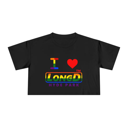 I Luv LongD positive horizontal 6-striped Hyde Park logo crop tee (Pride colors)