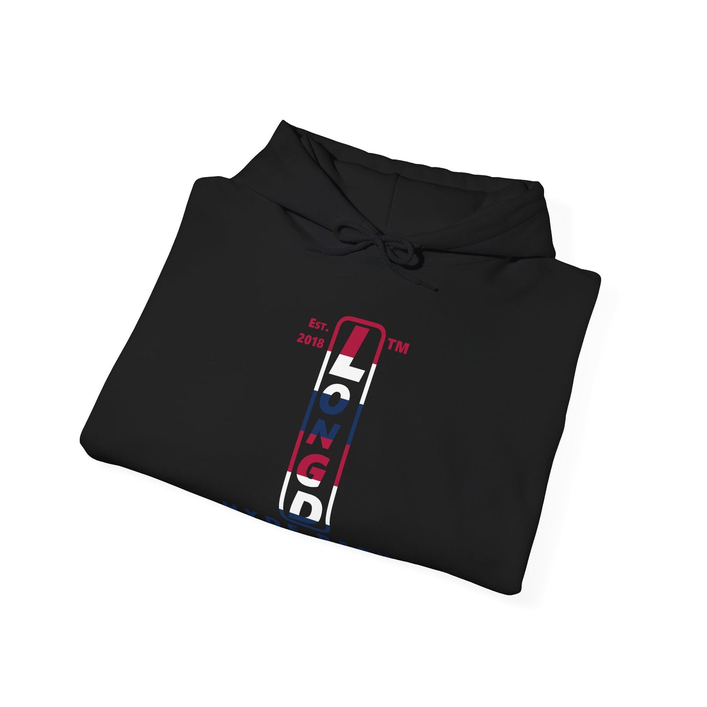 LongD® positive horizontal 6-striped Hyde Park 4-print upright logo hoodie (patriotic colors)