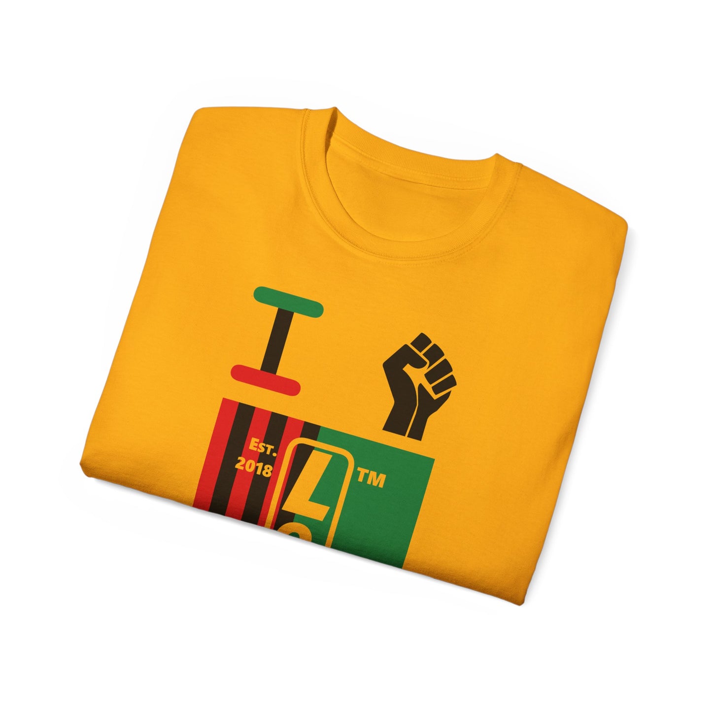 I fist LongD Cotton Tee negative flag Chicago upright logo (Juneteenth colors)