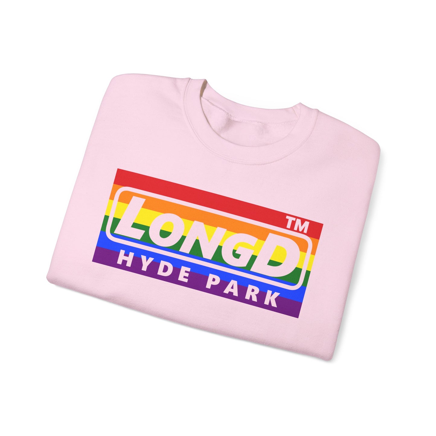 LongD negative horizontal striped Hyde Park logo crewneck sweatshirt (Pride colors)