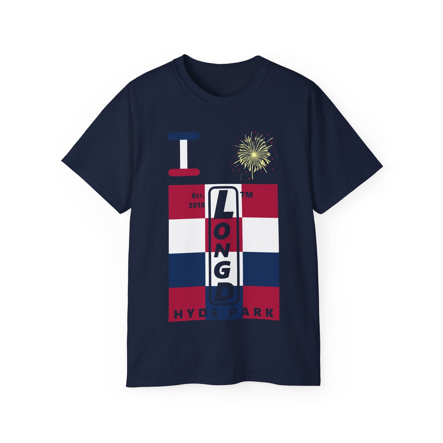 I Burst LongD cotton tee negative 4x3 Hyde Park upright logo (Patriotic colors)