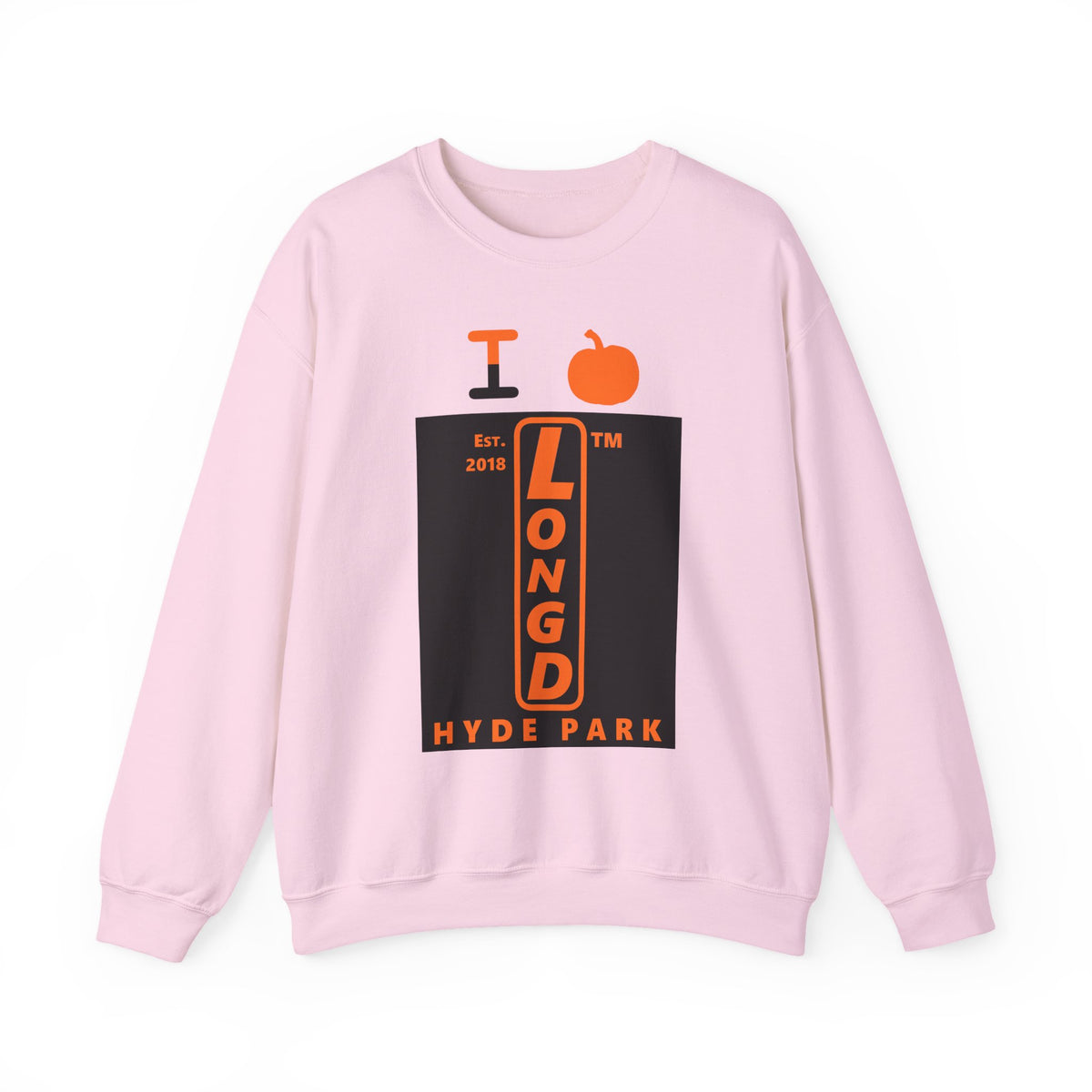 I pumpkin LongD Hyde Park upright logo positive orange on negative black crewneck sweatshirt