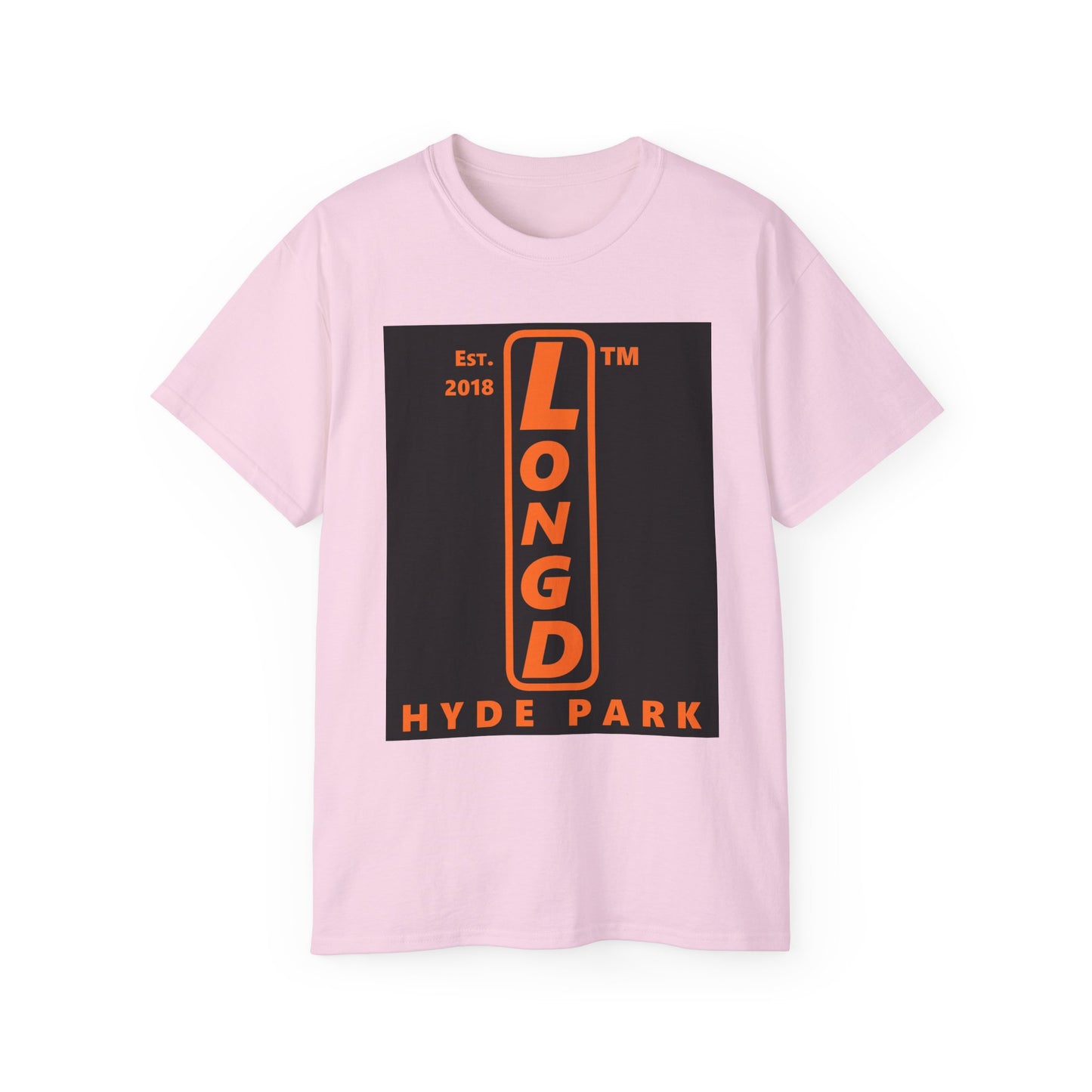 LongD Hyde Park upright front-back logo orange (FE7518) on Black (000000) cotton tee
