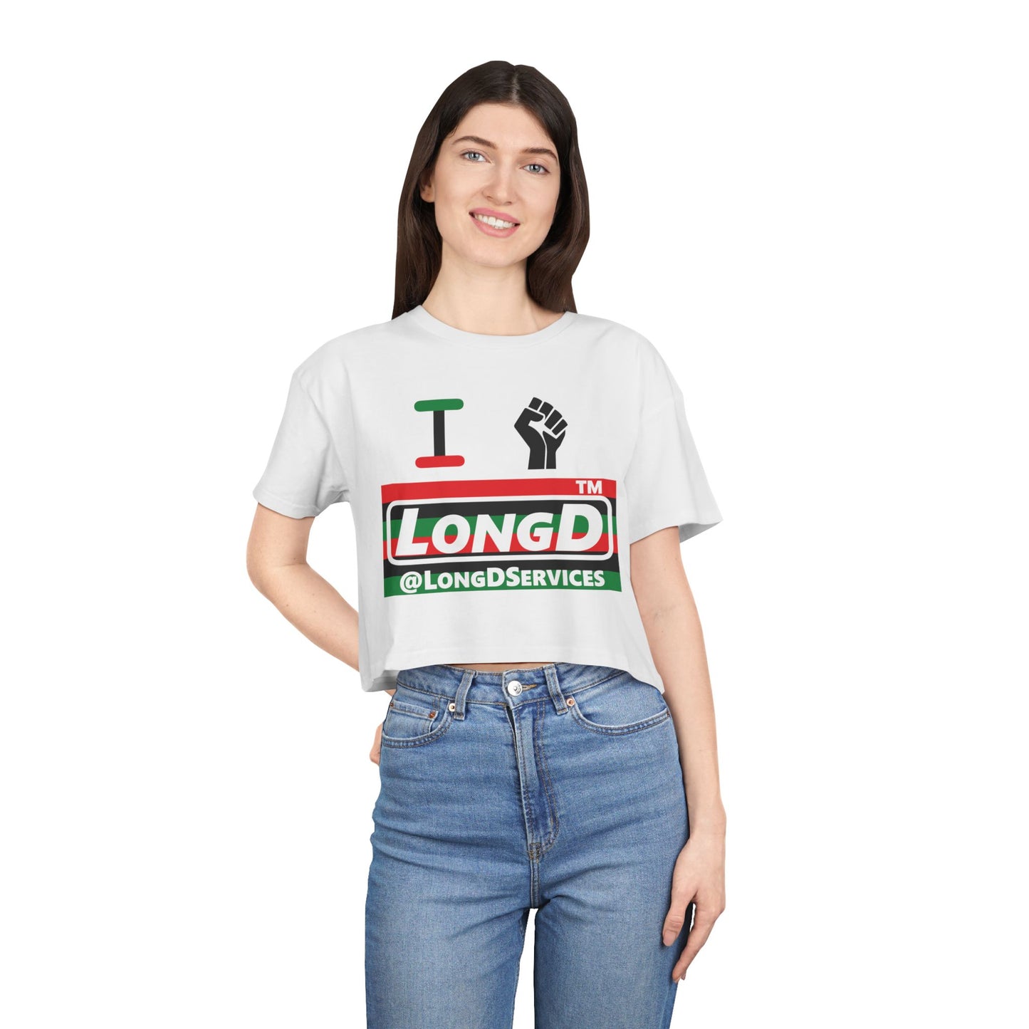 I fist LongD negative horizontal 6-striped tag logo crop tee
