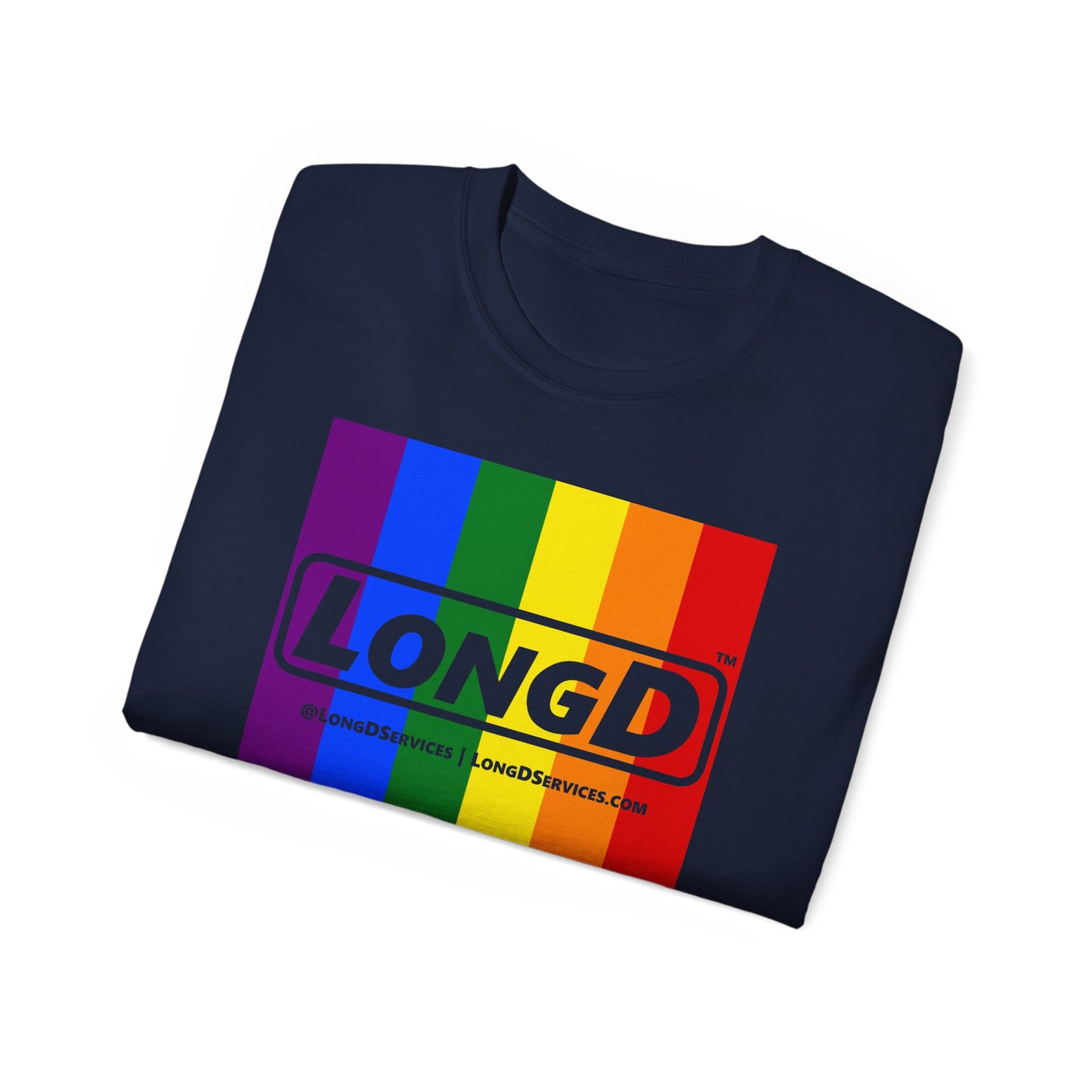 LongD® Logo Cotton Tee Pride rainbow vertical flag negative text