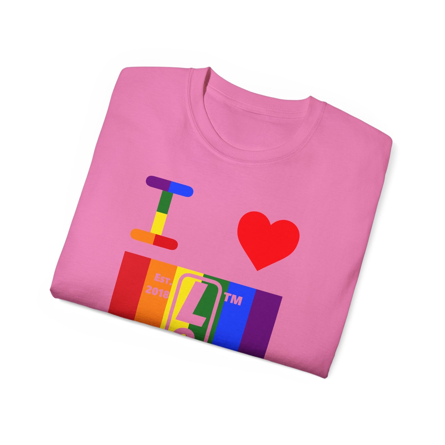 I Luv LongD Cotton Tee negative vertical striped Hyde Park upright logo (Pride colors)
