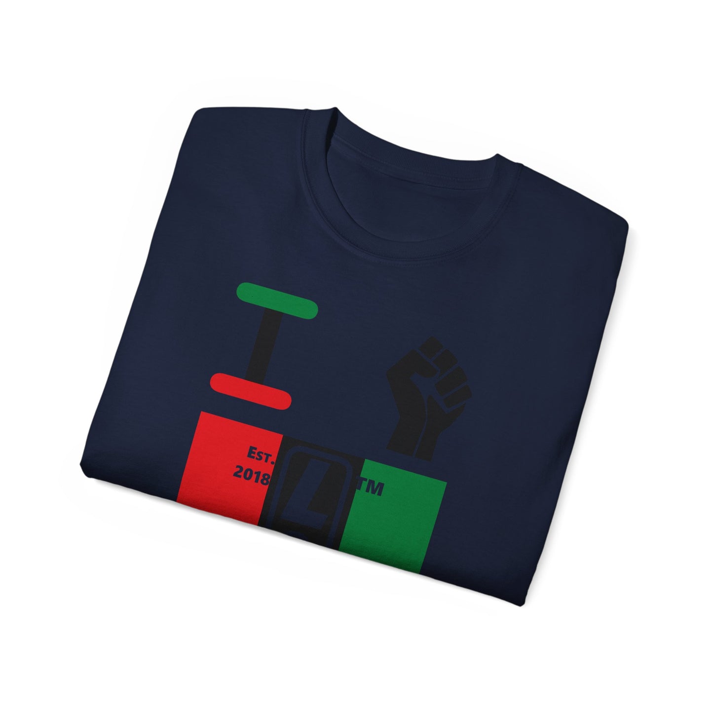 I fist LongD Cotton Tee negative vertical striped Chicago upright logo (Juneteenth colors)