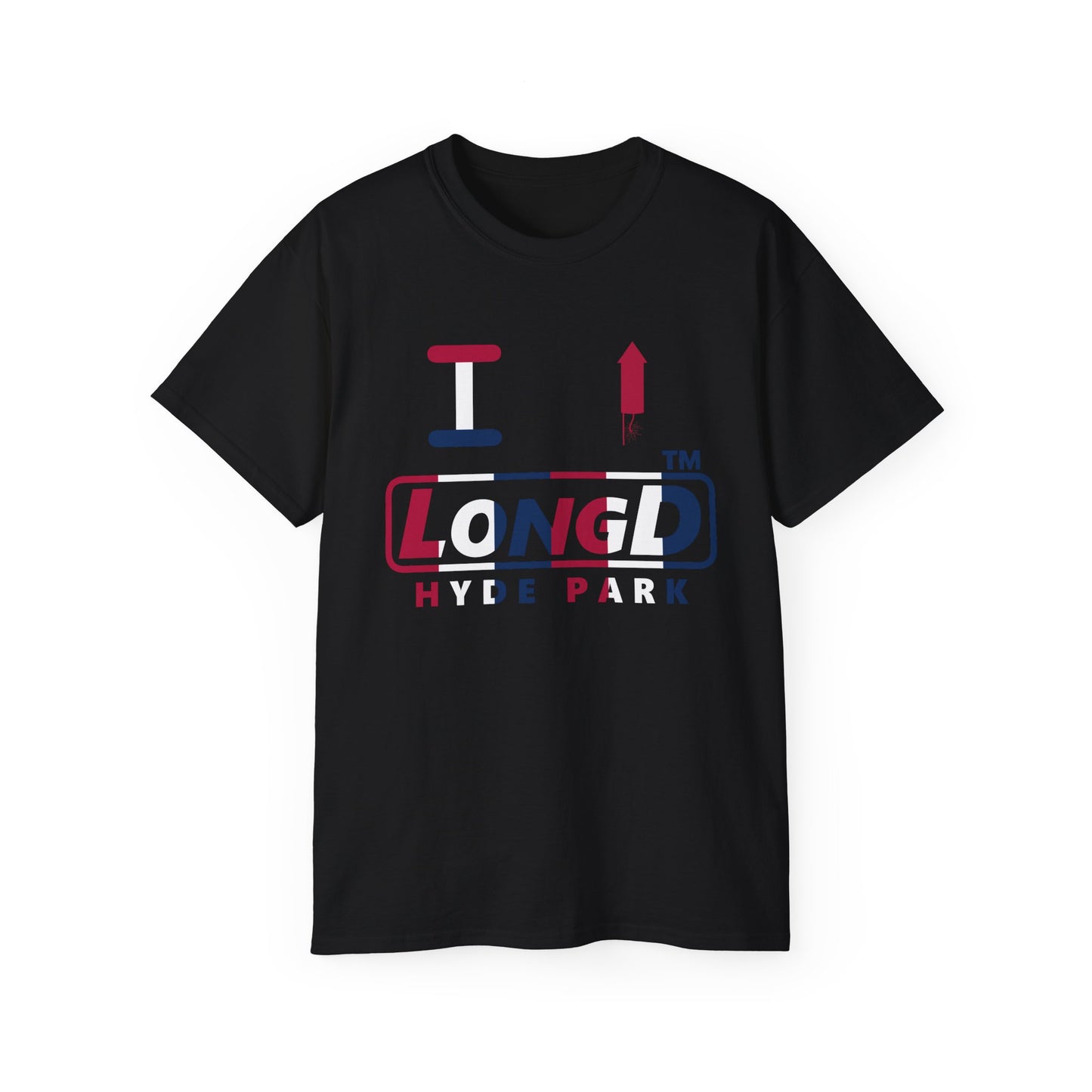 I firecracker LongD positive vertical 6-striped Hyde Park logo cotton tee